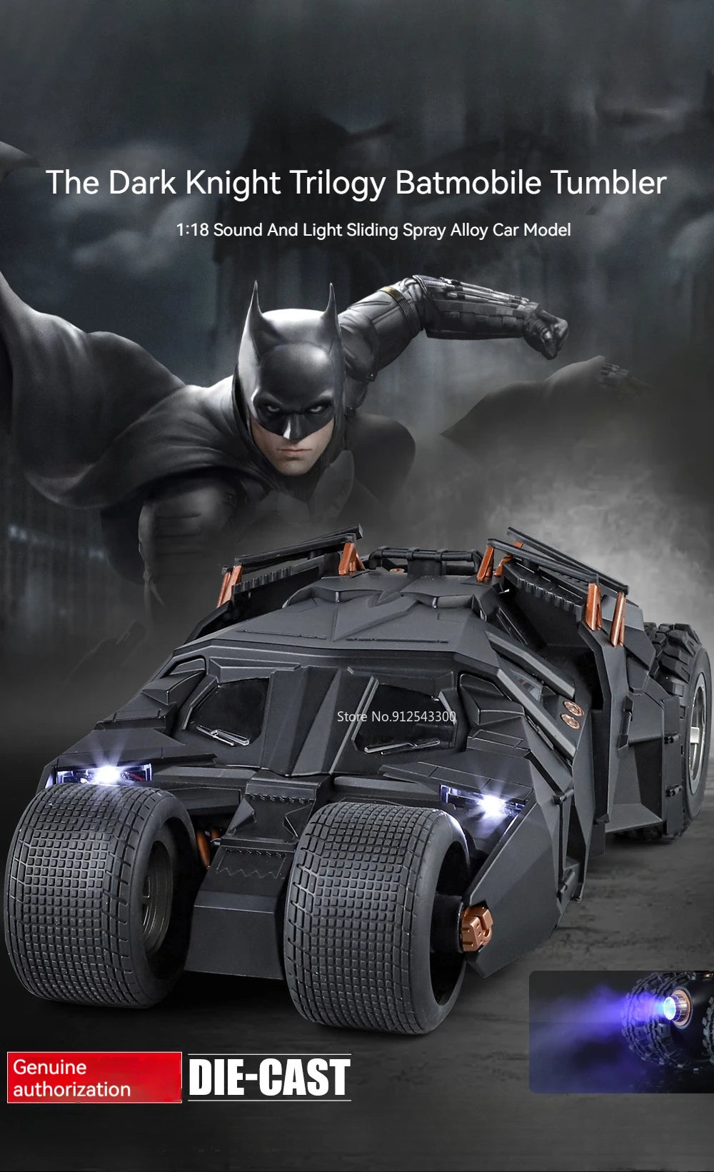 The Dark Knight 1:18 Batmobile Diecast Car – Sound, Light & Sliding Spray Function